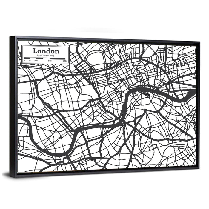 Hand Drawn London Map Wall Art as a framed canvas