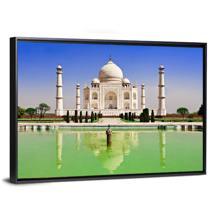 Taj Mahal Day Reflection Wall Art as a framed canvas
