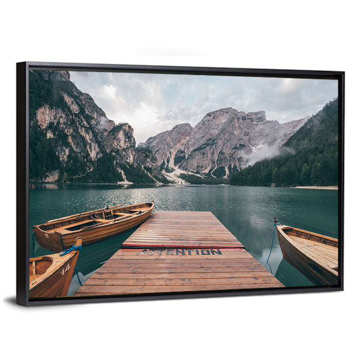Lago Di Braies Dock, Dolomites Wall Art as a framed canvas