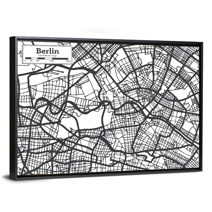 Hand-drawn Berlin City Map Wall Art as a framed canvas