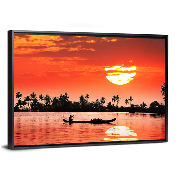 Boat and Fisherman Silhouette Wall Art as a framed canvas