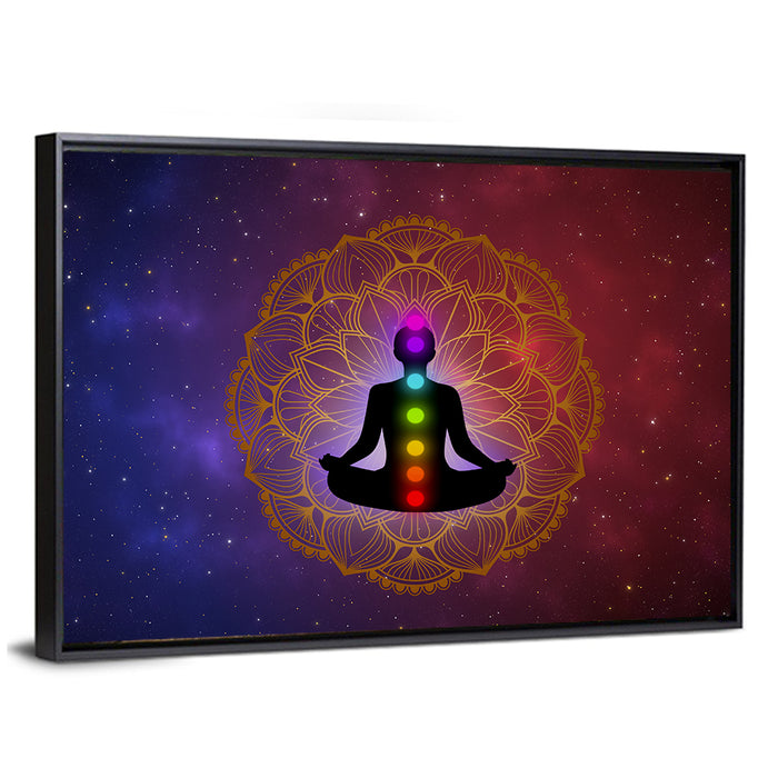 Meditation Man with Golden Mandala Wall Art as a framed canvas
