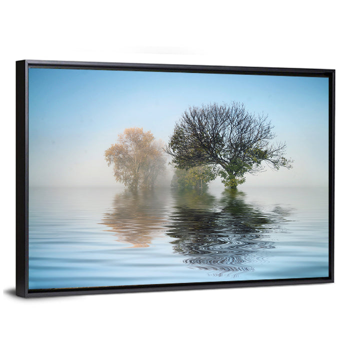 Misty Lake Reflection Wall Art as a framed canvas