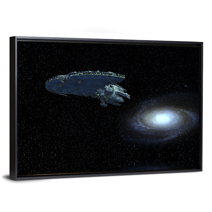 Starship Over Spiral Galaxy Wall Art as a framed canvas