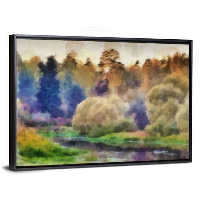 Misty Forest River Watercolor Wall Art as a framed canvas