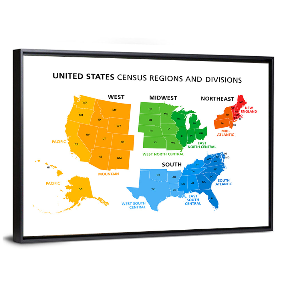 United States Census Regions Map Wall Art