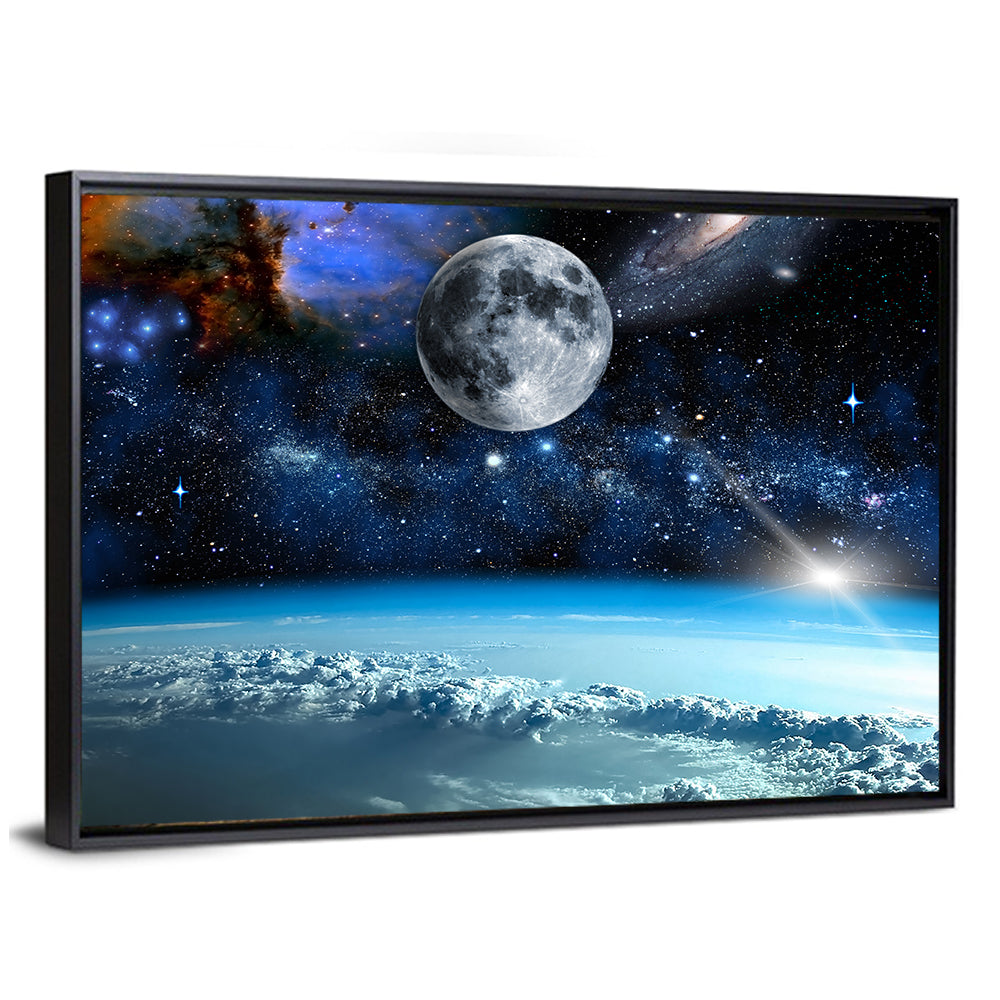 Earth and Moon Over Clouds Wall Art
