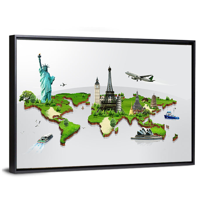3d World Monuments Map Wall Art as a framed canvas