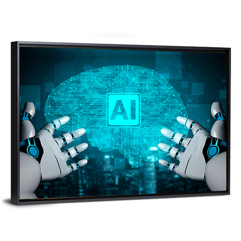 Glowing Ai Brain with Robotic Hands Wall Art