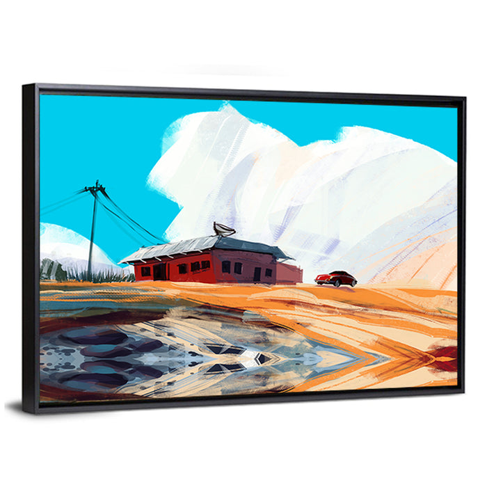 Red House in Desert Wall Art as a framed canvas