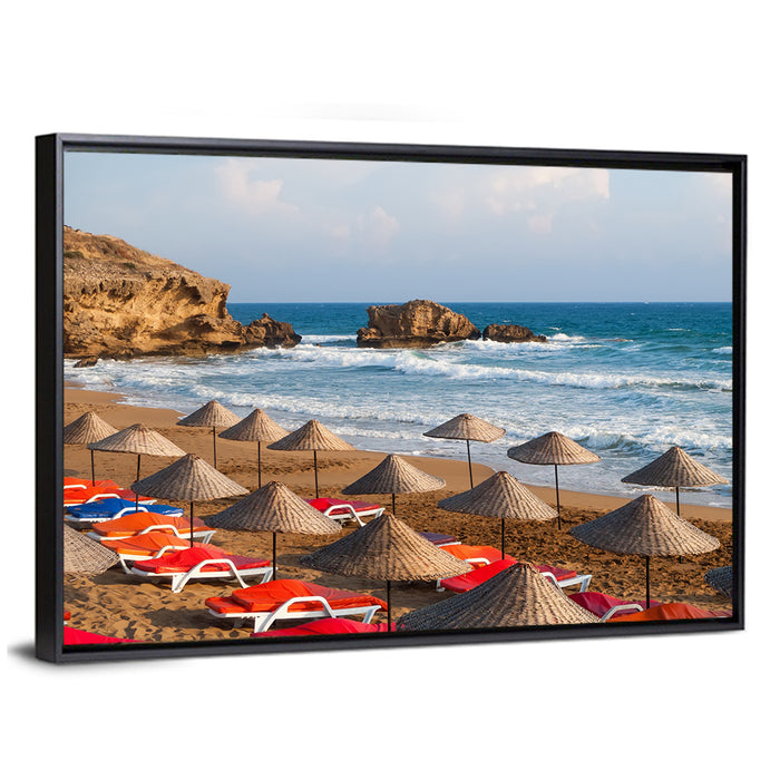 Straw Umbrellas on Sunny Beach Wall Art as a framed canvas