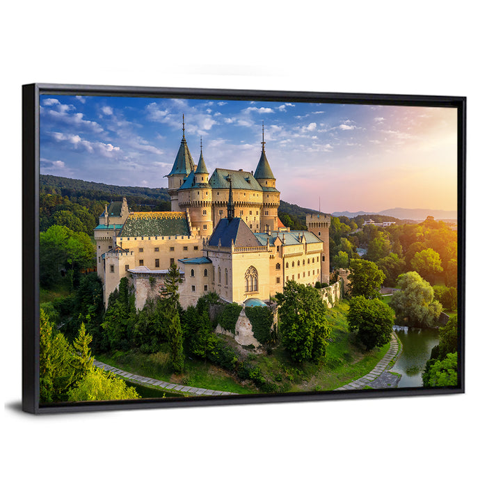 Bojnice Castle at Sunset Wall Art as a framed canvas