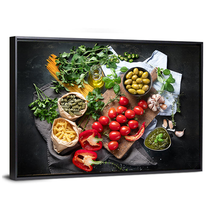 Italian Ingredients Flat Lay Wall Art as a framed canvas