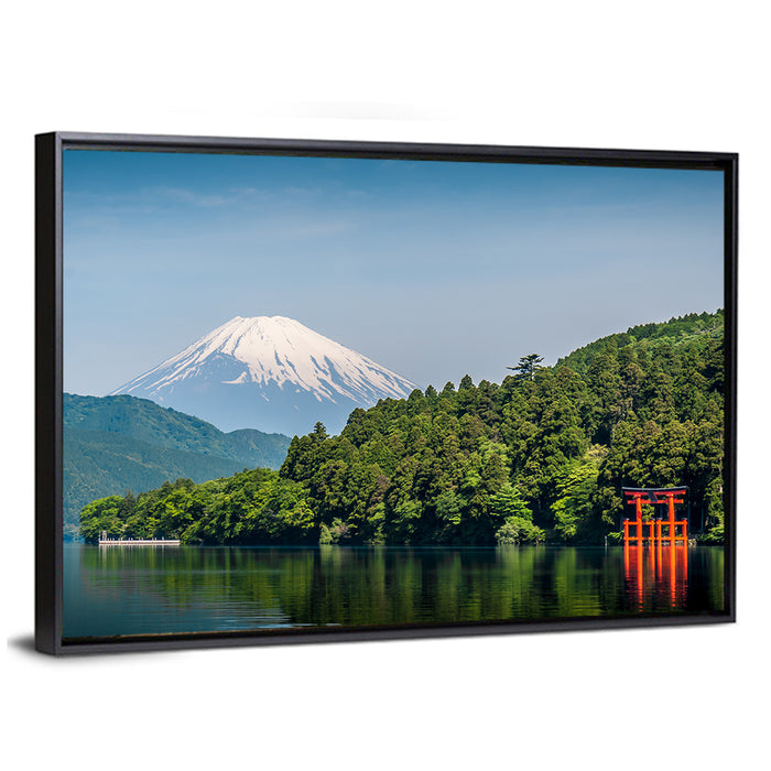 Mount Fuji Over Lake Ashi Wall Art as a framed canvas