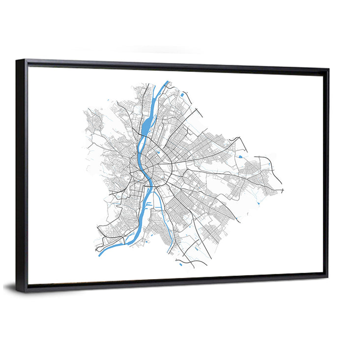 Budapest City Map Wall Art as a framed canvas