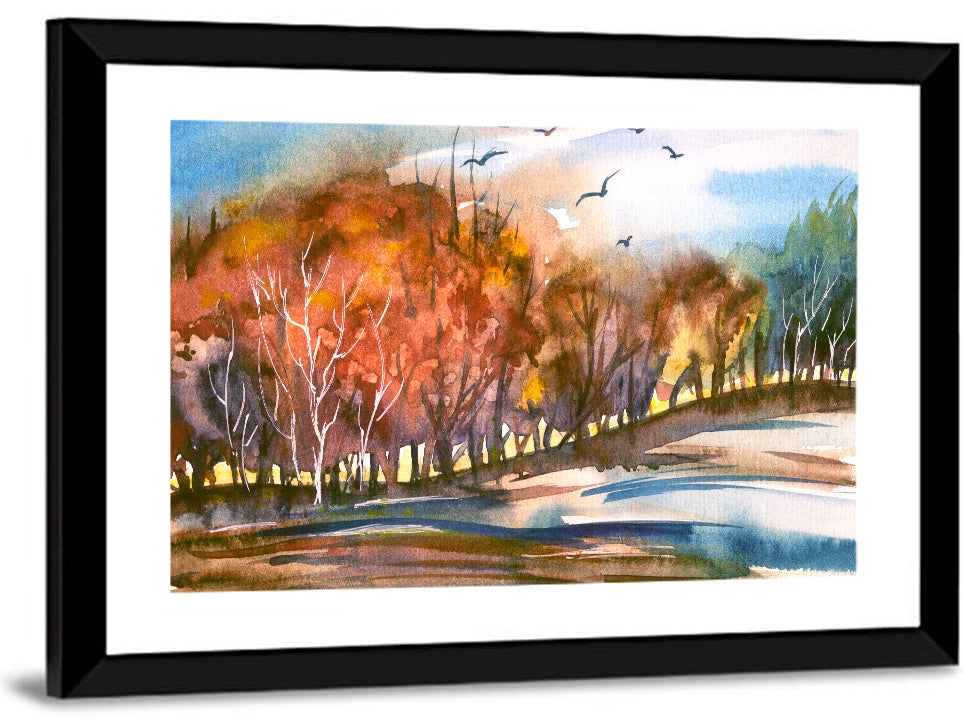 Autumn Dusk Watercolor Landscape Wall Art