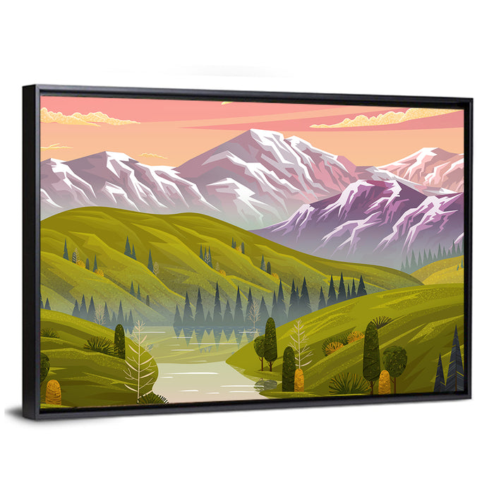 Sunset Over Mountain Lake Wall Art as a framed canvas
