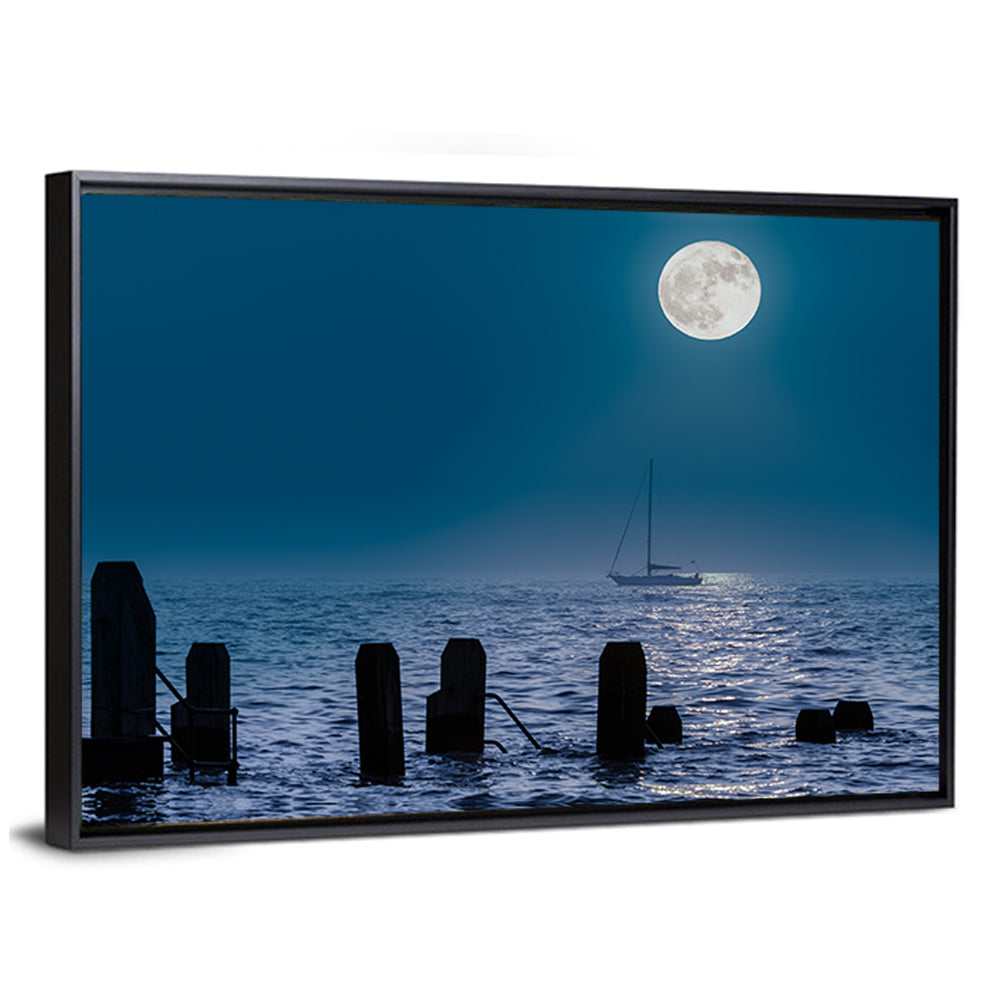 Moonlit Sailboat with Wooden Pylons Wall Art