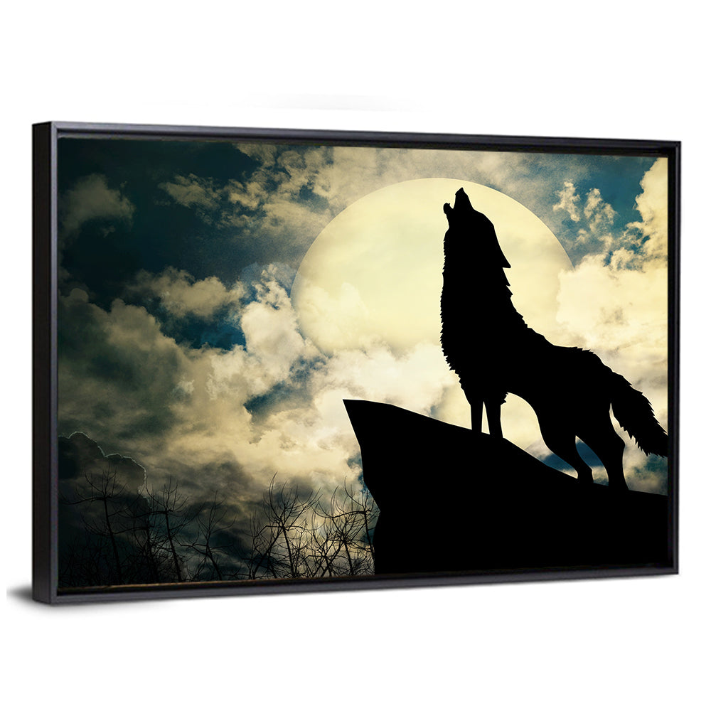 Howling Wolf Silhouette Against Full Moon Wall Art
