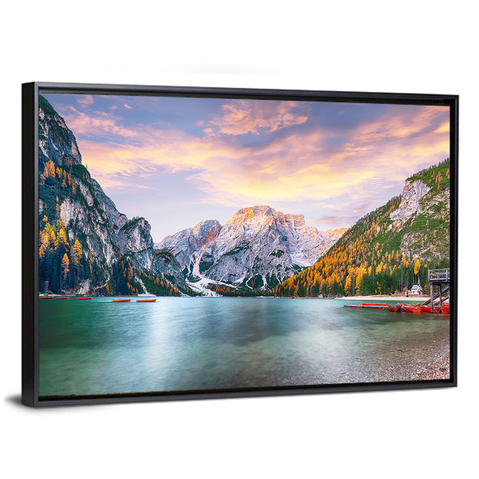 Lago Di Braies Golden Hour Wall Art as a framed canvas