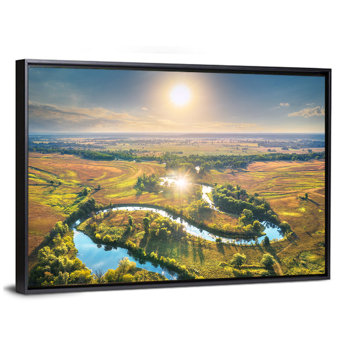 Meandering River at Summer Sunrise Wall Art as a framed canvas