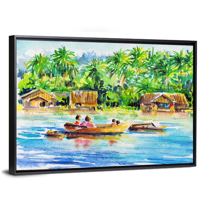 Boat in Tropical Village Wall Art as a framed canvas