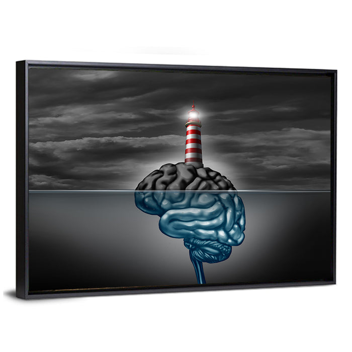 Surreal Brain Lighthouse Wall Art as a framed canvas