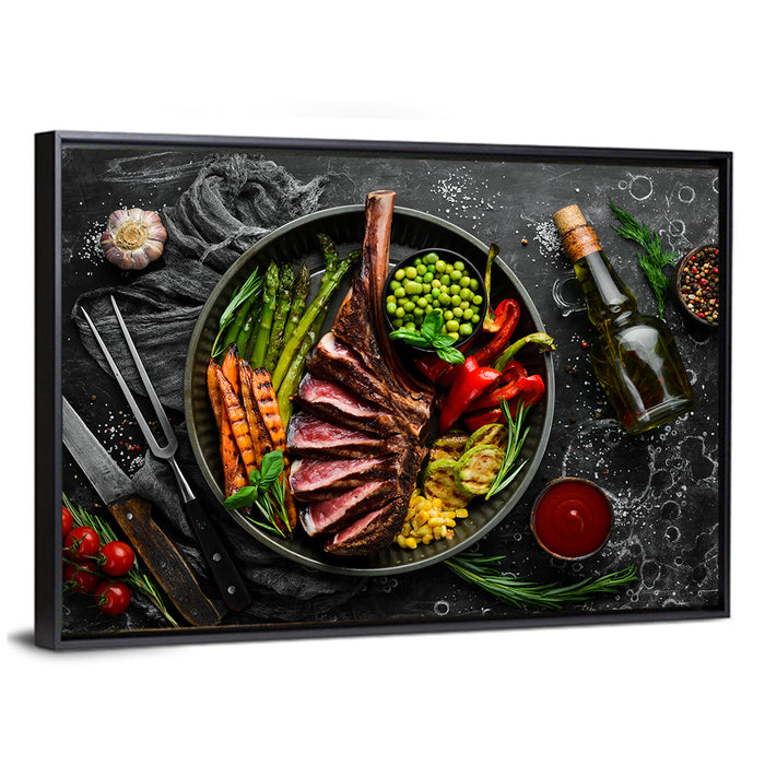 Tomahawk Steak in Cast Iron Pan Wall Art as a framed canvas