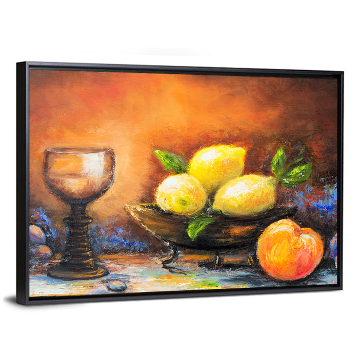 Lemons and Peach Still Life Wall Art as a framed canvas
