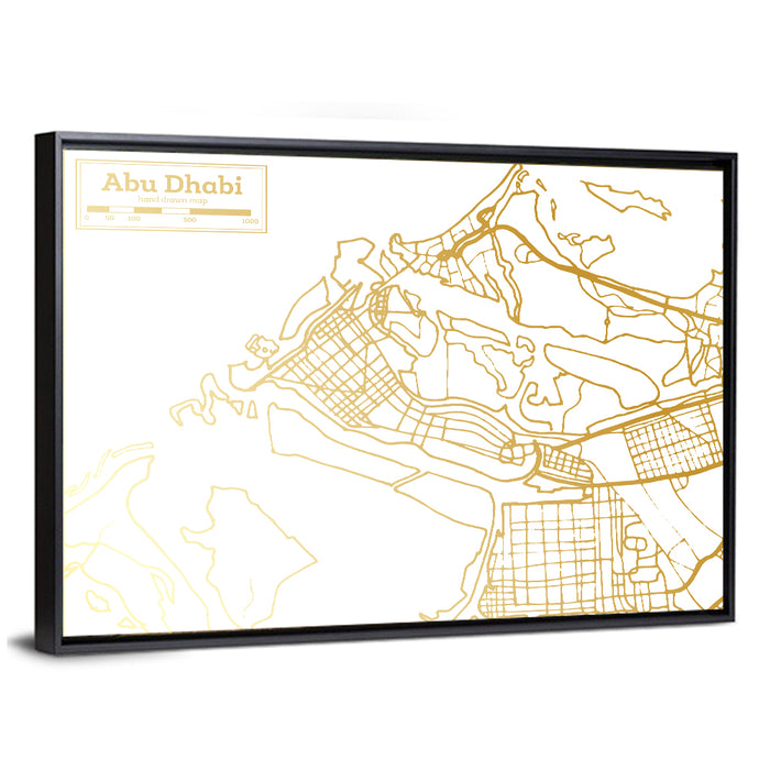 Abu Dhabi Gold Line Map Wall Art as a framed canvas