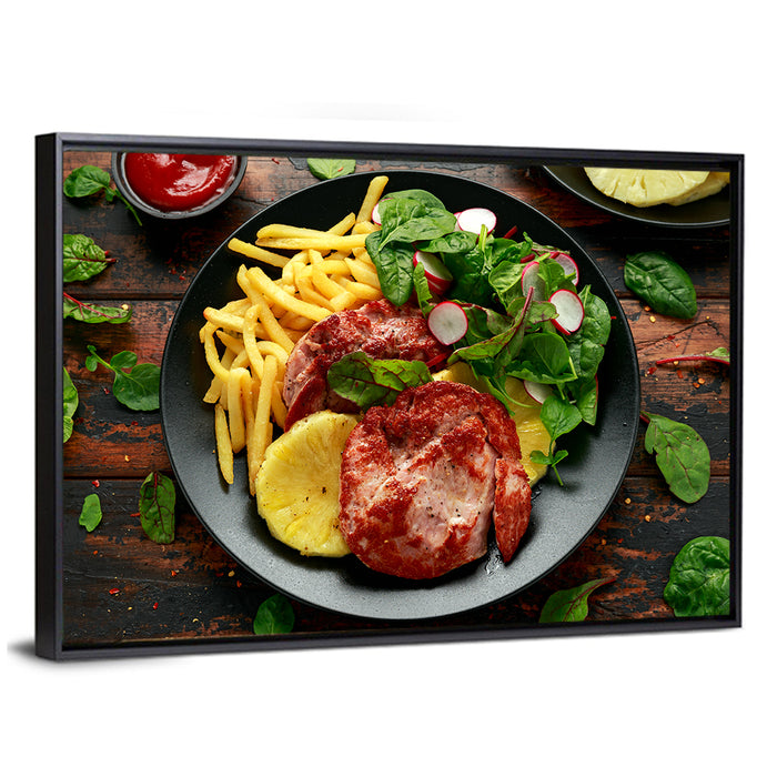 Gammon Steak with Fries and Pineapple Wall Art as a framed canvas
