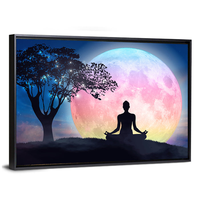 Lotus Pose Moon Silhouette Wall Art as a framed canvas