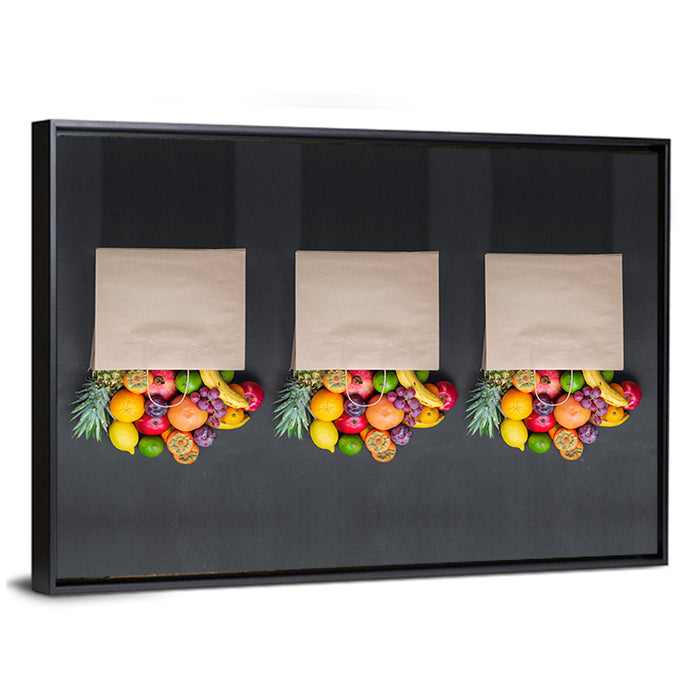 Three Paper Bags of Fruit Wall Art as a framed canvas