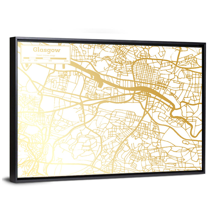 Glasgow Gold Line Map Wall Art as a framed canvas