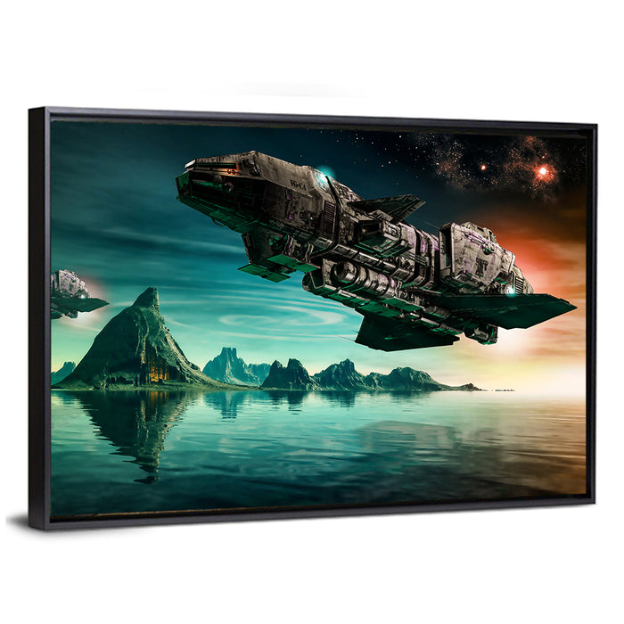 Dusk Battle Spacecraft Over Mountain Lake Wall Art as a framed canvas