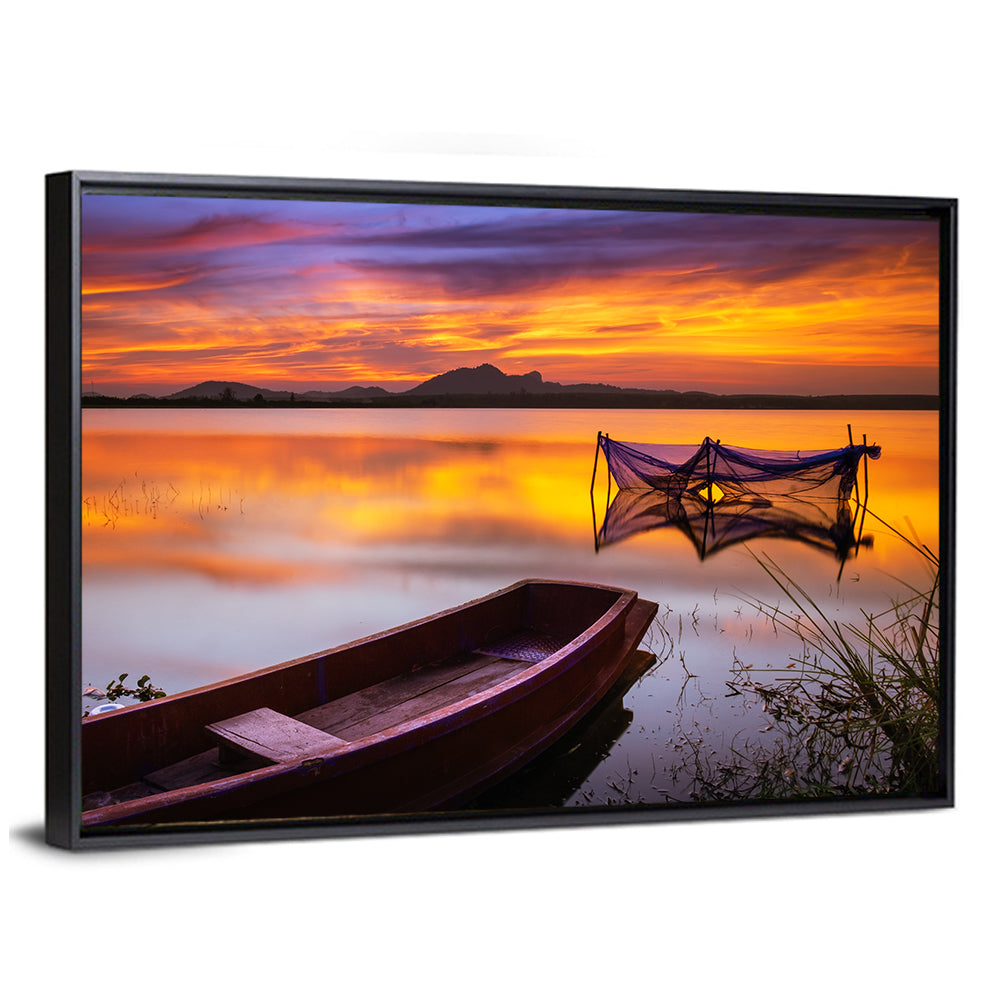Boat Near Fishing Net at Sunset Wall Art