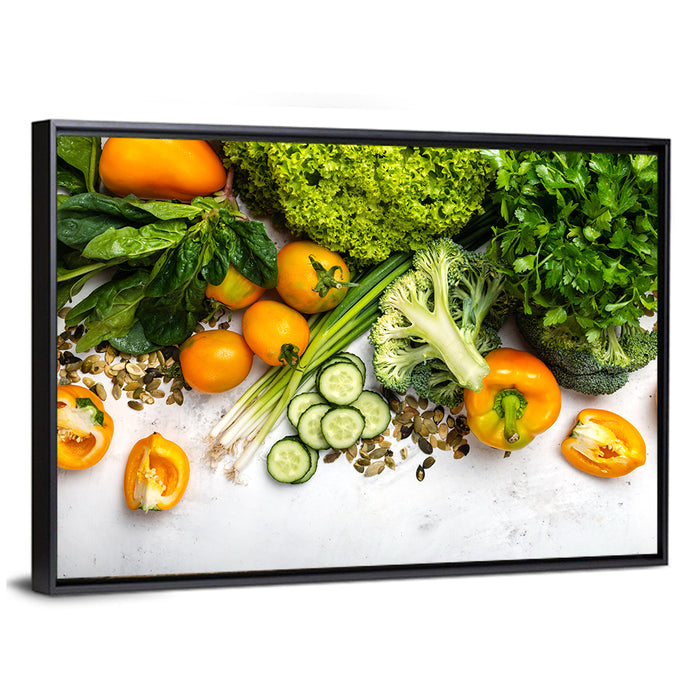 Fresh Vegetable Flat Lay Wall Art as a framed canvas
