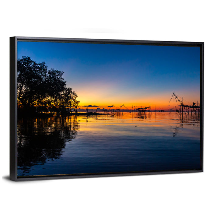 Thai Fishing Nets at Sunrise Wall Art as a framed canvas