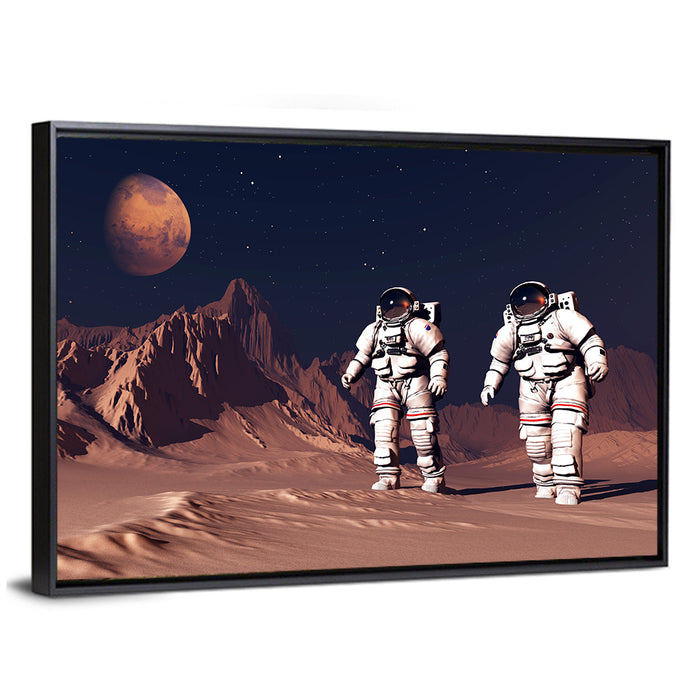 Two Astronauts on Desert Planet Wall Art as a framed canvas