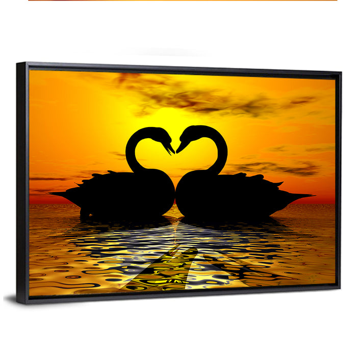 Swans Forming Heart at Sunset Wall Art as a framed canvas