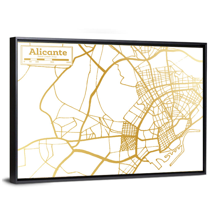 Alicante City Map Wall Art as a framed canvas
