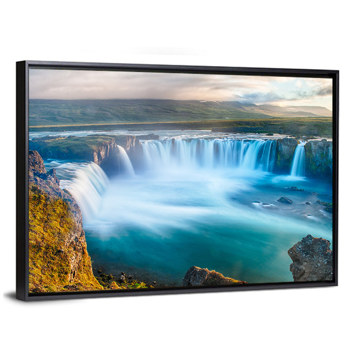 Goðafoss Waterfall Wall Art as a framed canvas