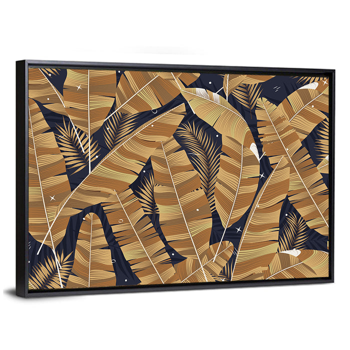 Golden Banana Leaves Pattern Wall Art as a framed canvas