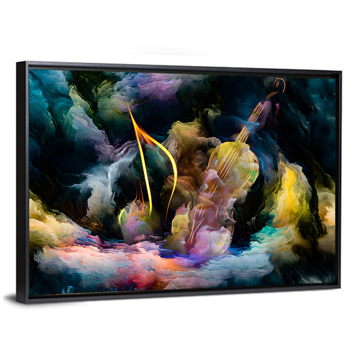 Golden Violin in Blue Nebula Wall Art as a framed canvas