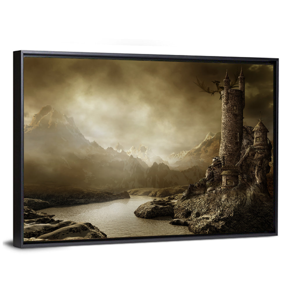 Dragon Perched on Stone Tower Wall Art