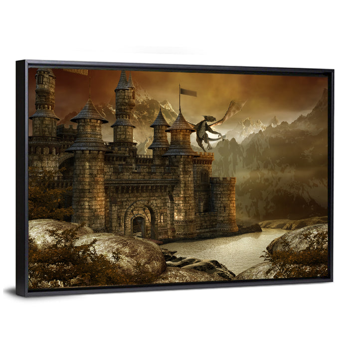 Dragon Over Fairytale Castle Wall Art as a framed canvas
