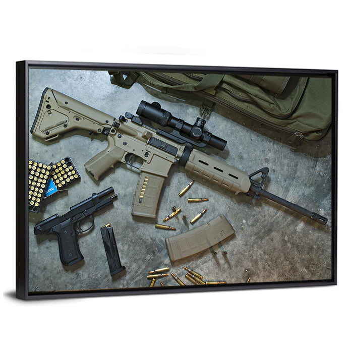 Scoped Rifle and Handgun with Ammo Wall Art as a framed canvas