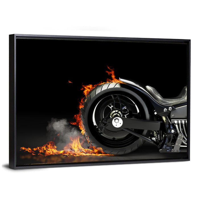 Motorcycle Burnout with Flames Wall Art as a framed canvas