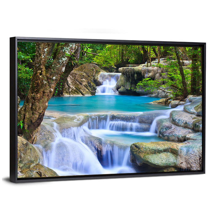 Erawan Waterfall Turquoise Pools Wall Art as a framed canvas