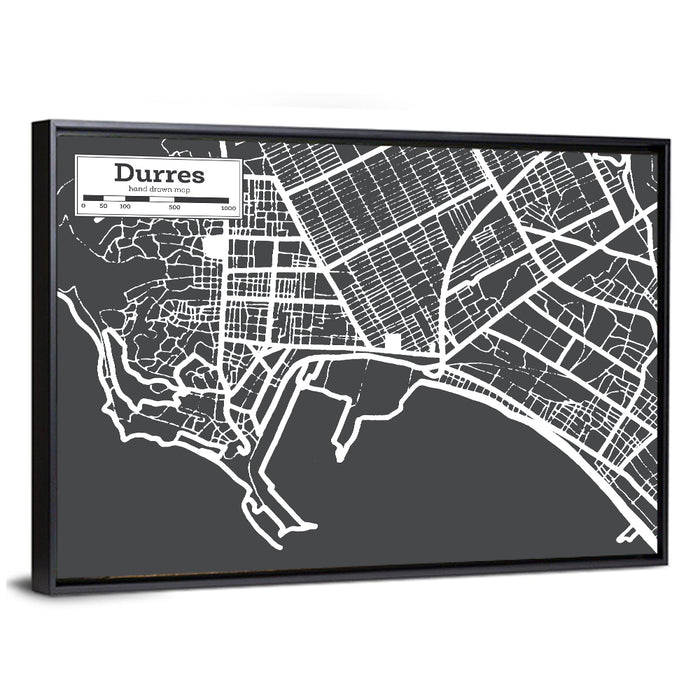 Durres City Map Wall Art as a framed canvas